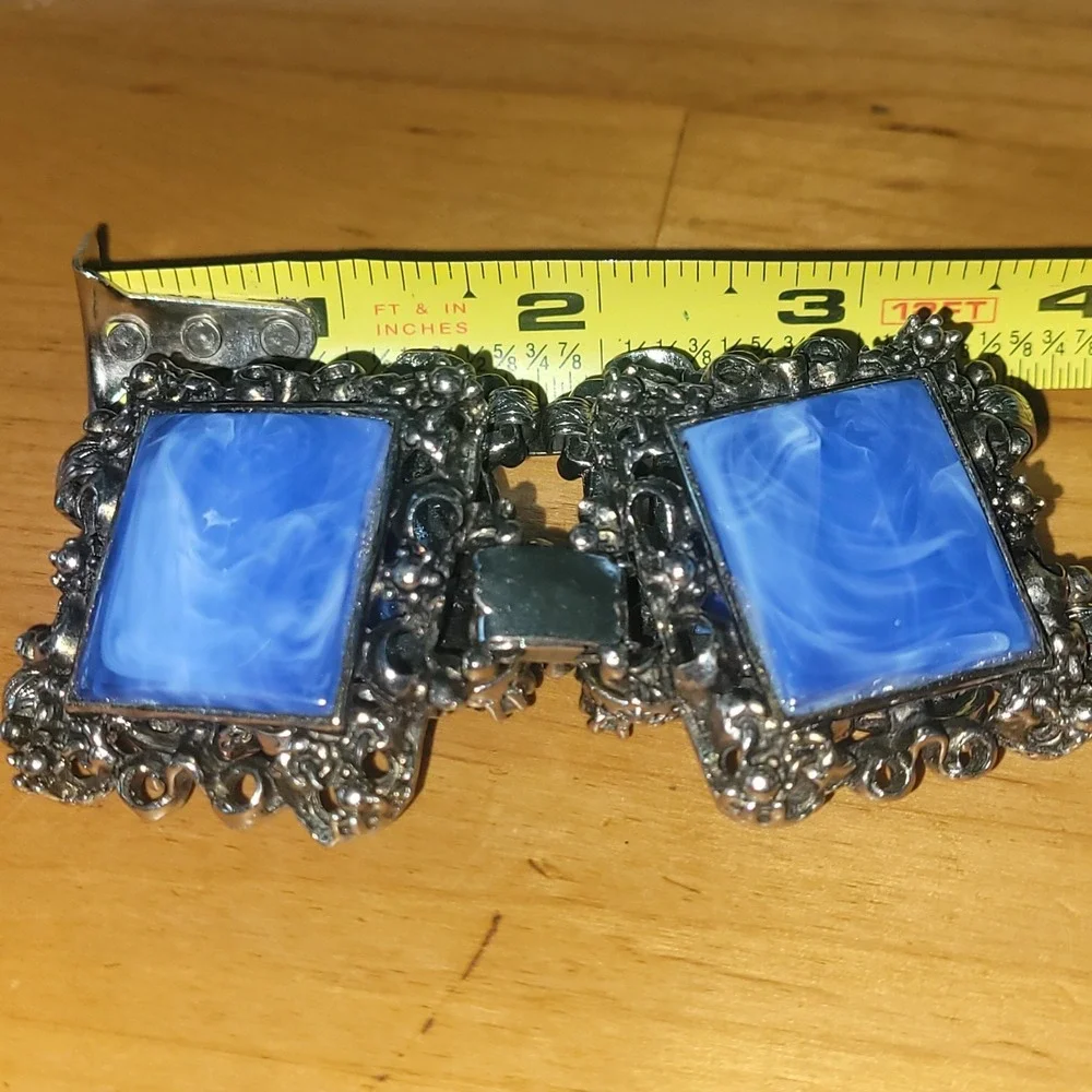 Vintage Ornate Blue Cabochon Bracelet Silver Tone Hinged Panel Statement
